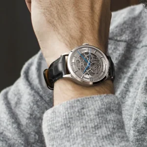 I&W Luxury Skeleton Automatic Men’s Watch Roman Numeral Dial Blue Hands Stainless Steel Case Sapphire Crystal Leather