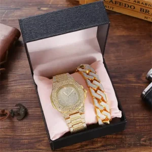Iced Out Hip Hop Alloy and Bling Rhinestone Watch and Bracelet Jewelry Set for Men