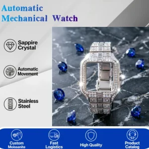 Iced Out Moissanite Automatic Mechanical Watch 904L Stainless Steel Square Hip Hop Diamond Watch