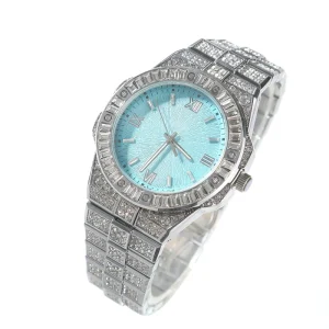 Iced Roman Numerals Pool Blue Dial 30mm Water Resistant Durable Watch Movement From Japanese Watches in White Gold