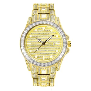 Ins Fashion Business Men’s Quartz Wrist Watches Gold Silver Plated Rainbow Iced Out Lab Diamond Baguette Quartz Watch