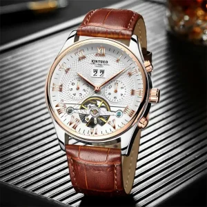 J012 Men Automatic Mechanical Complete Calendar Casual Moon Phase Watch Fashion Leather Strap for Male Relojes