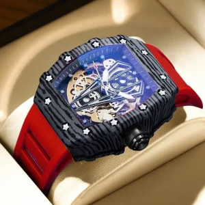 J7751 Mechanical Automatic Skeleton Watch Men’s Sports Silicone Wrist Waterproof Luminous Date Watch