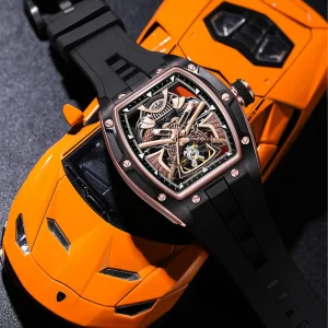 JC 9 198G 5 Japanese Samurai Mechanical Watches Tourbillon Automatic Wristwatch Luxury Steel Case Hollow Dial Men Watch