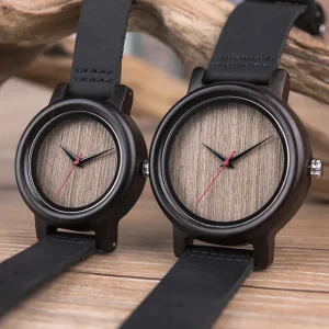 Japanese Movement Genuine Leather Strap Customized Engraved Logo Couple Black Sandalwood Watch