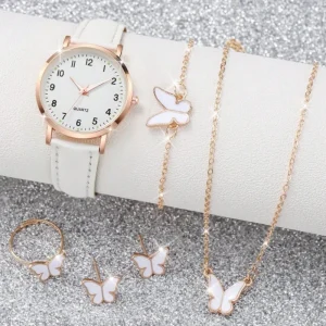 Korean Style New Quartz Analog Watch Set for Women Versatile Fashionable White Butterfly Niche Luxury Alloy Watch Leather