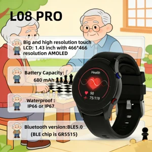 L08 PRO 1.43″ AMOLED 680mAh IP66/IP67 BLE5.0 Smart Watch for Elderly