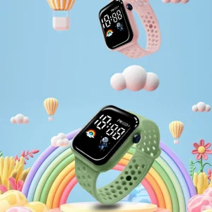 LED Digital Plastic Rectangle Sports Electronic Square Button Unique Design Band Watch Student Kids Women Men