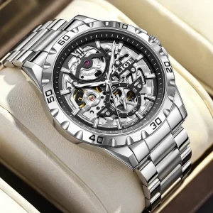 LG6829 Custom Logo Skeleton Luxury Sliver Watch for Men Automatic Mechanical Watch Self Winding Hollow Luminous Relojes