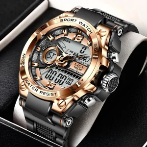 LG8922 Men’s Silicone Strap Dual Display Chronograph 50m Waterproof Sport Wristwatch LED Digital Watch