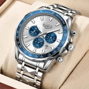 LG89229 Watch for Men 45mm Dial Stainless Steel Chronograph Quartz Analog Dress Watch with Box
