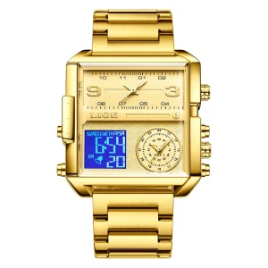 LG8925 Fashion Multi functional Design Stainless Steel Leather Sports Square Double Display Timing Sports Men’s Digital Watch
