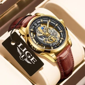 LG8997 Skeleton Steampunk Watch Brown Leather for Men Double Hollow Luminous Hands Vintage Wristwatch Gift Box