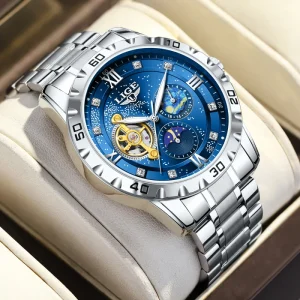LIGE LG6827 Automatic Watch Starry Luxury Diamond Tourbillon Hollow Roman Numerals Unisex Wristwatch Luminous Diver Pointer