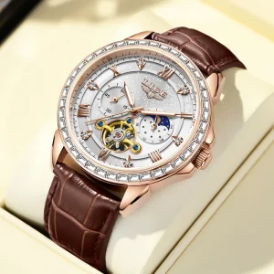 LIGE LG6828 Starry Sky Brown Leather Men Diamond Automatic Mechanical Self Winding Moon Phase Wristwatch