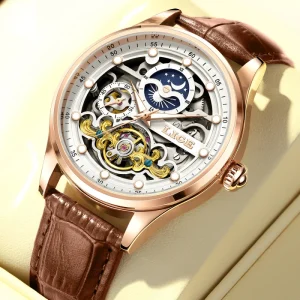 LIGE LG6834 Tourbillon Automatic Mechanical Watch Unisex Self Wind Skeleton Leather Moon Phase Dial Luminous Power High Quality