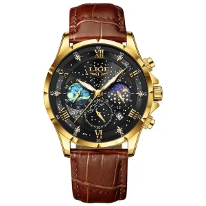 LIGE LG89107 Men’s Luxury Leather Gold Watch Starry Sky Dial Quartz Waterproof Luminous Wrist Watch