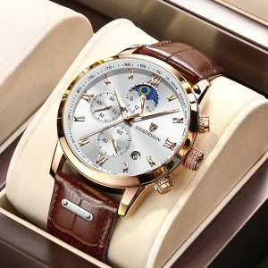 LIGE LG8953 Luxury Men’s Watch Brown Leather 24-Hour Subdial Roman Numeral Chronograph Vintage Wristwatch Gift Box