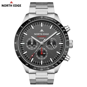 LONGWINGS men’s quartz watch, solar powered, stopwatch, waterproof 50M, 316 full stainless steel, luminous watch