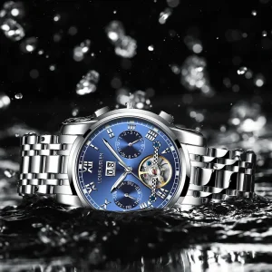 LOUIE JUELEN Men’s Business Watch Mechanical Movement Stainless Steel Butterfly Clasp Luminous Coin