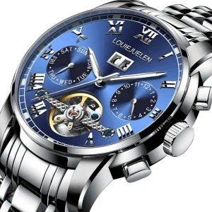 LOUIE JUELEN Men’s Business Watch Mechanical Movement Stainless Steel Butterfly Clasp Transparent Waterproof