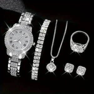 LP09 Women’s Fashion Quartz Watch Necklace Bracelet Ring Stainless Steel Crystal Chain Glass Dial Window Alloy Earrings Set