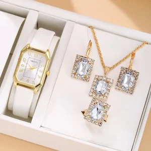 LP10 New Women’s Square Watches Casual Fashionable Leather Band Rhinestone Jewelry Set Quartz Watch Set