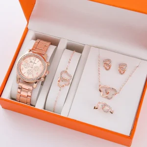 LP13 Set 5pcs Women’s Casual Korean Quartz Watches Steel Strap Luxury Necklaces Rings Earrings Bracelets Five-piece Set Gift