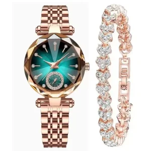 LP16 New Women’s Watch Jewelry Set Two piece Simple Fashion Metal Band Diamond Quartz Leisure Shinning Lady Rose Gold Watches