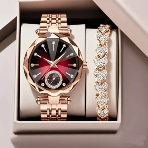 LP16 New Women’s Watch Jewelry Set Two-piece Simple Fashion Metal Band Diamond Quartz Leisure Shinning Lady Rose Gold Watches