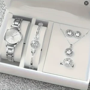LP21 Export Cross Border Hot Selling Women’s Jewelry Five Piece Set Small Dial Silver Compact Steel Belt New Design Quartz Watch