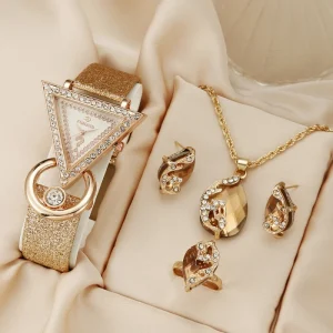 LP44 Leather Diamond Ladies Watch Creative Fashion Triangle Luxury Watches 4pcs Jewelry Set Necklaces Earrings Rings
