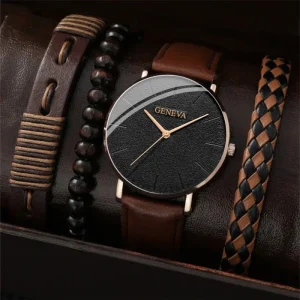 LP55 Fashion Casual Men’s Sporty Watch Set with Hand Woven Cord Accessories 4PCS Gift Set Trend Luxury Quartz Wristwatch for Men