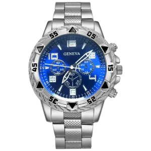 LP58 Men’s High-End Sports Silver Blue Watch Luminous Function Waterproof Zinc Alloy and Steel Strap Business Style Men Watch