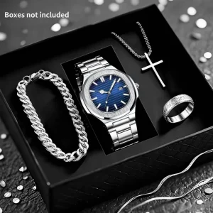 LP62 4pcs Set Men’s Square Dial Watch Date Display Stainless Steel Quartz Wristwatch & Ring Bracelet Cross Necklace