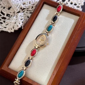 LP74 New Retro Vintage Colorful Natural Turquoise Bracelet Women’s Watch Luxury Oval Quartz Watches Fashion Ladies Wristwatch