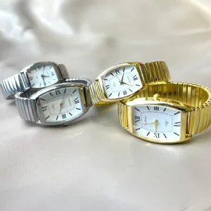 LP76 Simple Casual Golden Couple Quartz Watch Tonneua Dial Fashion Steel Elastic Strap Men’s and Women’s Watches