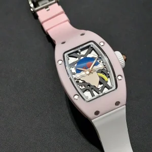 Ladies’ Automatic Mechanical Watch Skeletonized Dial Ceramic Tonneau Case Custom Strap