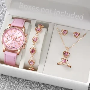 Ladies Belt Quartz Watch Gift Set Rhinestone Heart-shaped Necklace Bracelet Graduated Wrist Watches