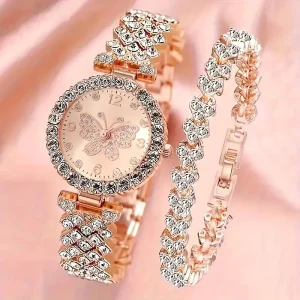 Ladies’ Fashion Butterfly Digital Watch Set Luxury Crystal Water Diamond Watch and Bracelet Combination