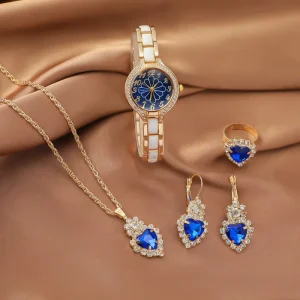 Ladies Luxury Exquisite Set Light Diamond Studded Watch Bracelet Earrings Blue Glass