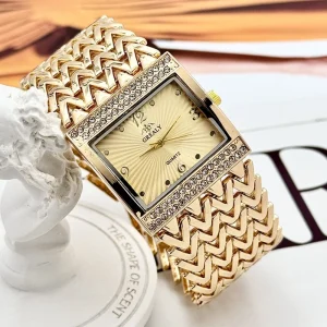 Ladies Quartz Watch Square Diamond Wavy Pattern Wide Strap Wristwatch