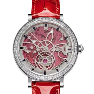 Ladies’ Rose Gold Crystal Diamond Circle Hollow Automatic Mechanical Watch with Leather Strap