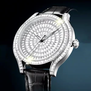Ladies Watch Full Diamond Case Round Diamond Bezel Personalized Leather Strap Glass Dial Window Pointer Display