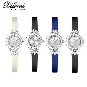 Ladies Watch Vintage Mother of Pearl Quartz Dial Iced Zircon Diamond Analog Display Leather Strap