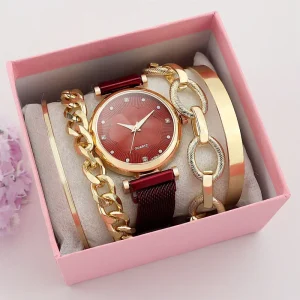 Lady Stainless Steel Strap Wristwatches Women’s Magnet Buck Bracelet Watch Set