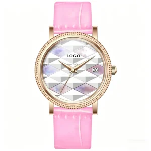 Lady’s Luxury Charm Watch Date Display Spliced Diamond shaped MOP Stainless Steel Case Genuine Leather 16mm Quartz Waterproof