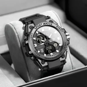 Large Black Dual Display Men Watch Waterproof 12/24 Hour LED Night Light Digital Watch Outdoor