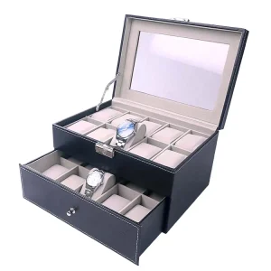 Large Black Leatherette Wood PU Leather 2 Layers 20 Slot Watch Storage Box Organizer Display Case