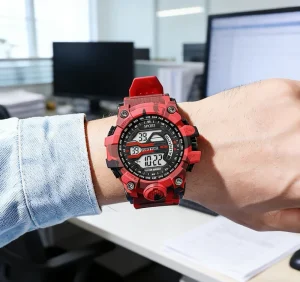 Large Dial LED Men’s Electronic Multifunctional Watch Outdoor Sports Plastic Camouflage Strap